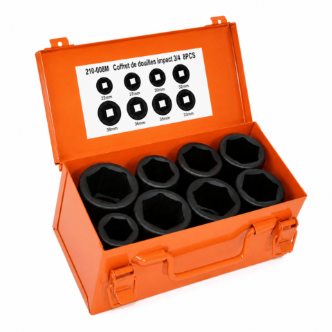 COFFRET CLE DOUIL IMPACT SERIE LONG 3/4″ 8PCS 6 PANS ACEM