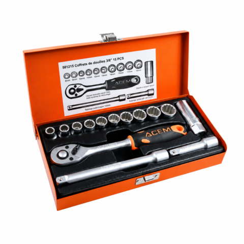COFFRET CLE DOUILLE 3/8″ 12 PANS 16 PCS 8-17MM ACEM
